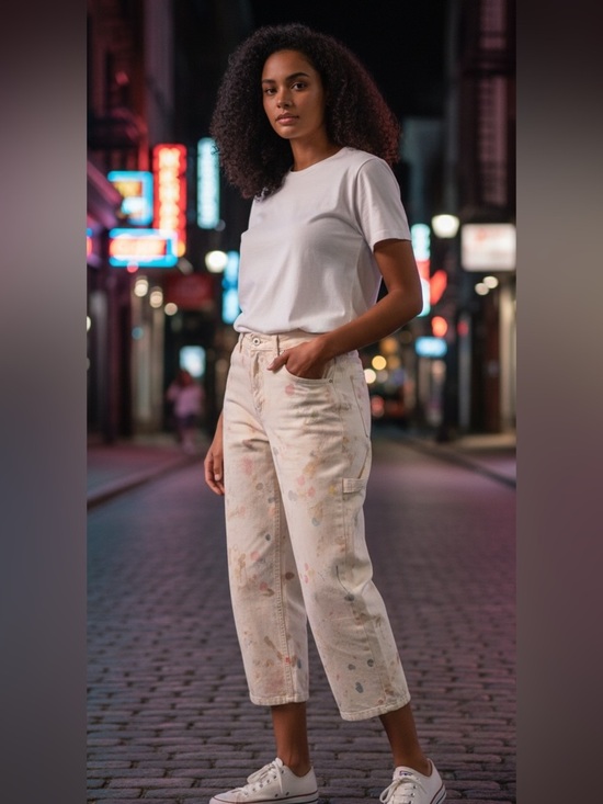 American Eagle Outfitters Denim - American Eagle Outfitters Cream Wide Leg Jeans with Multicolor Paint Splatter